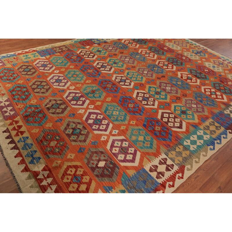 Orange Kilim Reversible Area Rug Hand-Woven Tribal Wool Carpet - 8'4"x 11'2"