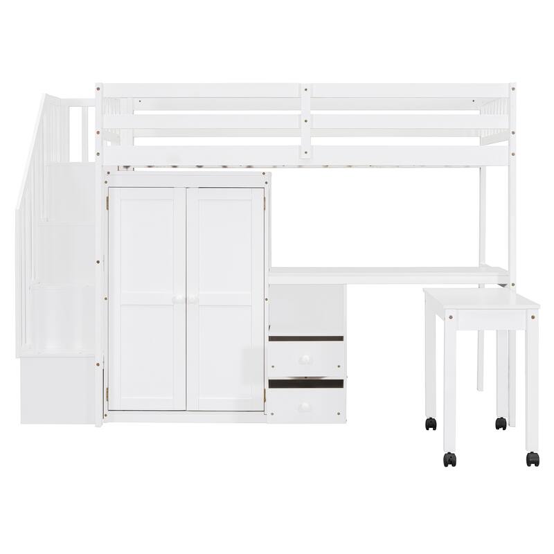 Space-Saving Twin Loft Bed with Stairs, Bookshelf, Drawers, Desk & Wardrobe for Kids & Teens - White
