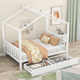White Full Size Metal House Platform Bed with Two Storage Drawers, Headboard, and Footboard