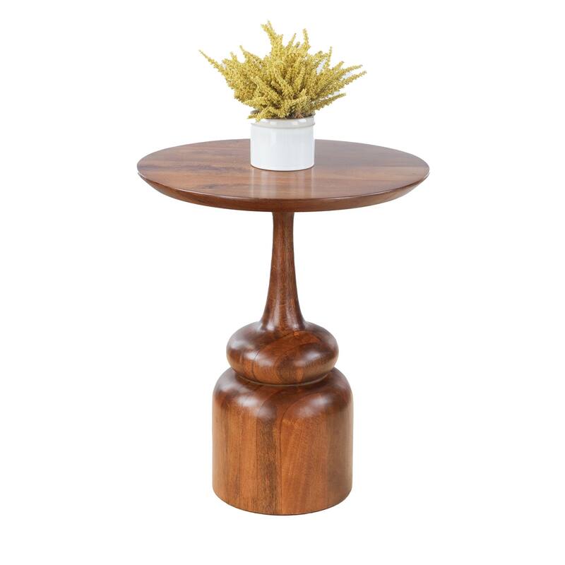 Round Accent Table - Solid Mango Wood with Sculpted Pedestal Base