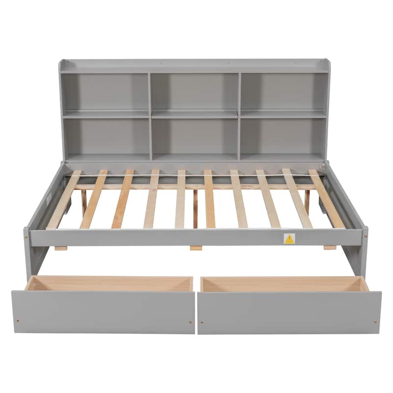 Full Size Bookcase Captain's Bed with Pull-out Storage Drawers, Available White L-Shaped Corner Bed or Grey Daybed, Wood Frame