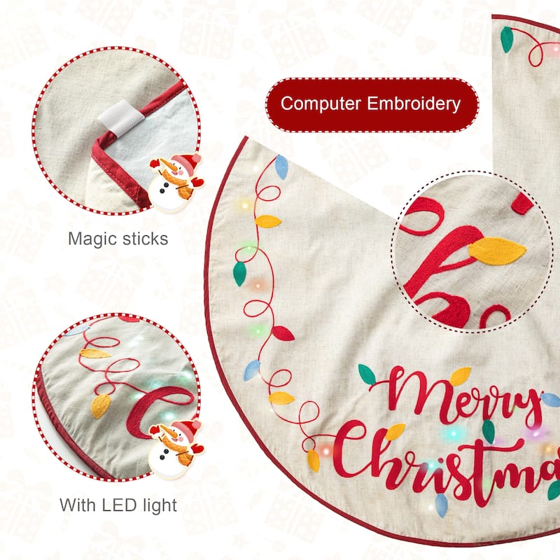 Glitzhome 48"D Pre-lit LED Embroidered Linen Merry Christmas Tree Skirt