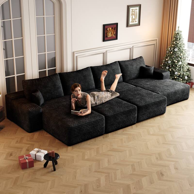 Oversized Modular Sleeper Sofa Bed Floor Standing Sectional Couch Corduroy Upholstered Compression Sofa with Chaise and Ottomans - Black