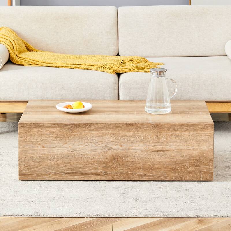 Modern Rectangular Coffee Table with Solid Base, Wooden Center Table with Imitation Marble Texture for Living Room