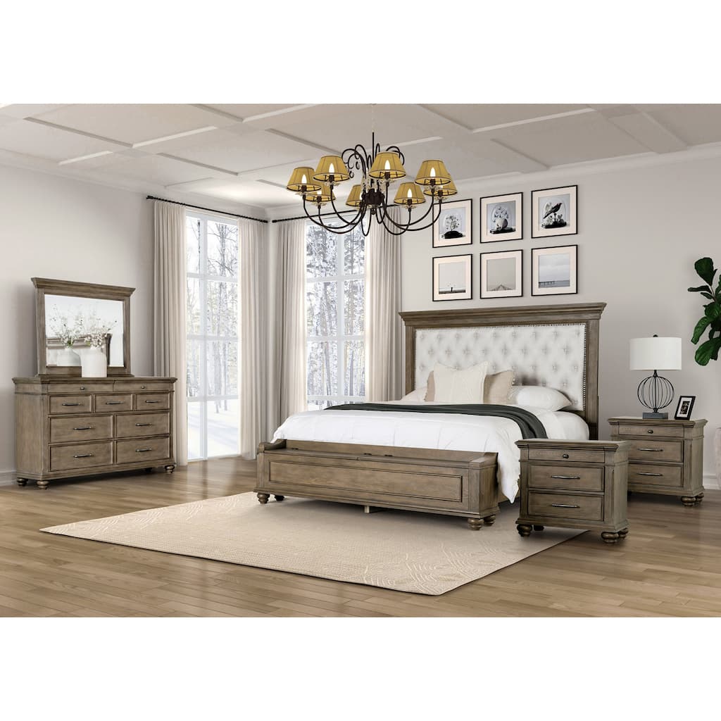 Furniture of America Rubb 5-Piece Aged Oak Wood Tufted Panel Bedroom Set with Storage Footboard Bench