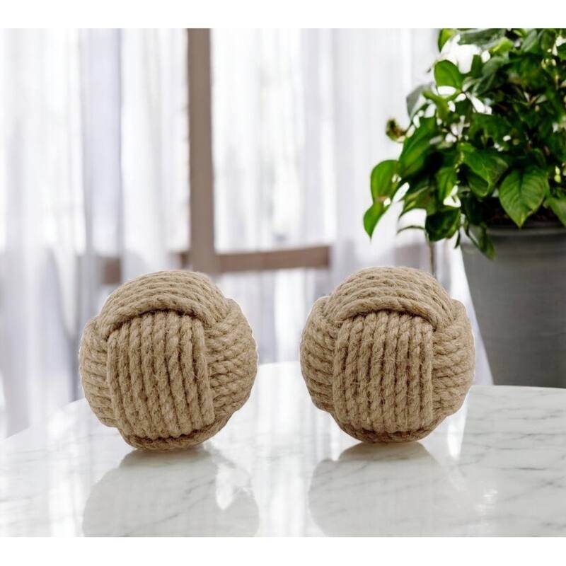 HomeRoots Set of Two Natural Jute Decorative Orb Tabletop Sculpture - 4' X '4' X '4 - 4' X '4' X '4
