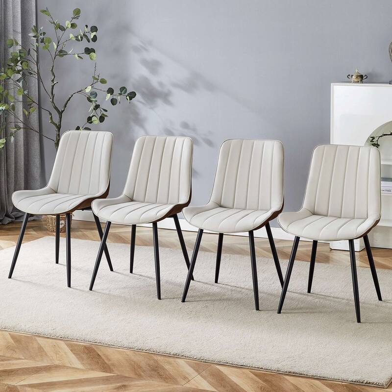 Dining Chair Set of 4 PU Extended Seating with Black Metal Legs