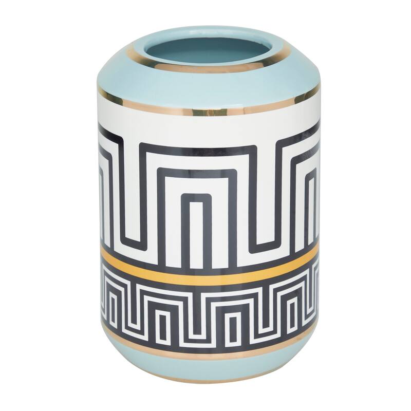 Teal Ceramic Vase Embellished with Greek Knot Pattern