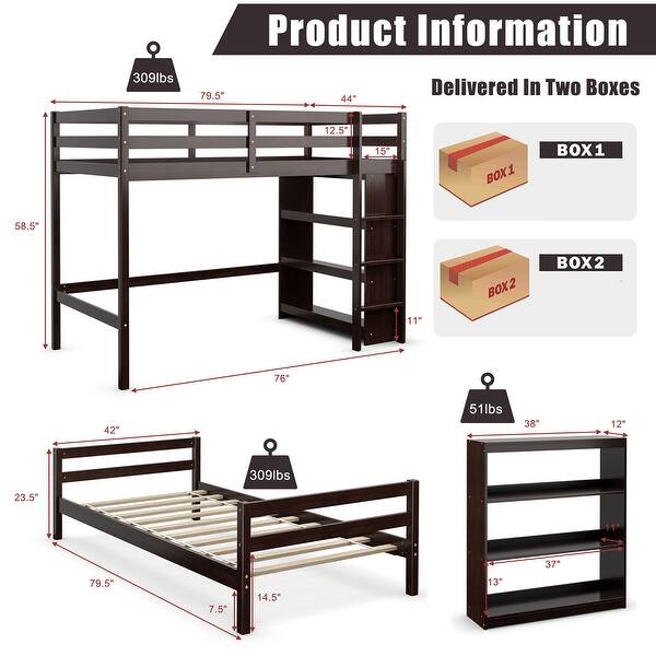 dimension image slide 0 of 3, Costway Twin Over Twin Loft Bunk Bed Wood w/Bookcase Guardrail Ladder - 79.5'' x 44'' x 58.5''