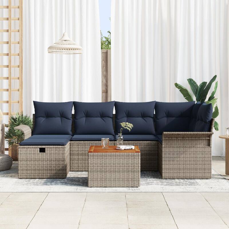 vidaXL 7 Garden Sofa Set with Cushions Black/Grey Poly Rattan - 95.5 x 52.2 x 27.2