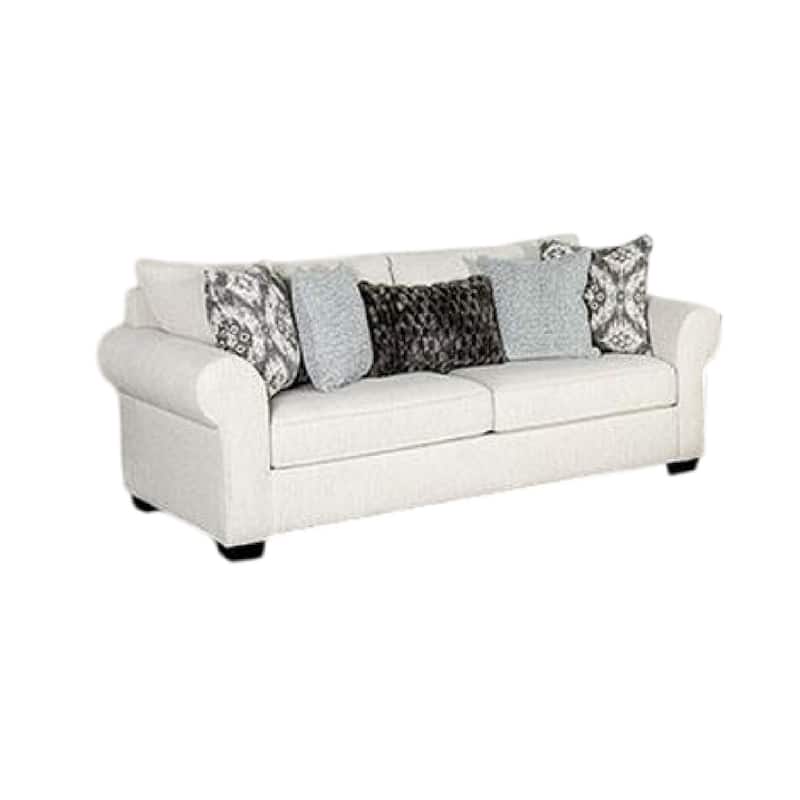 Berrie 2pc Sofa Loveseat Set, 9 Throw Pillows, Modern White Polyester