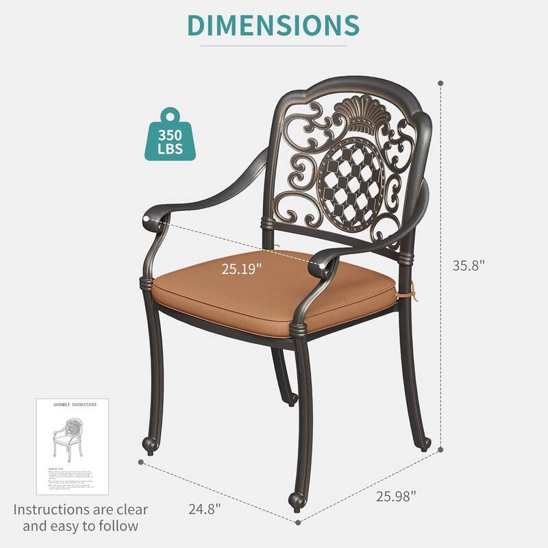 2 Piece Patio Dining Chairs with Cushions, Outdoor All-Weather Cast Aluminum Chairs