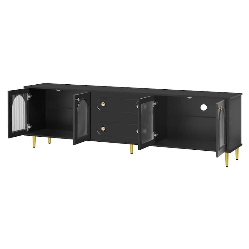 78.7'' Modern TV Stand with Five Metal Legs & Metal Handles, Glass Door Metal TV Cabinet with 2 Drawers & 2 Cabinets, Up to 80''