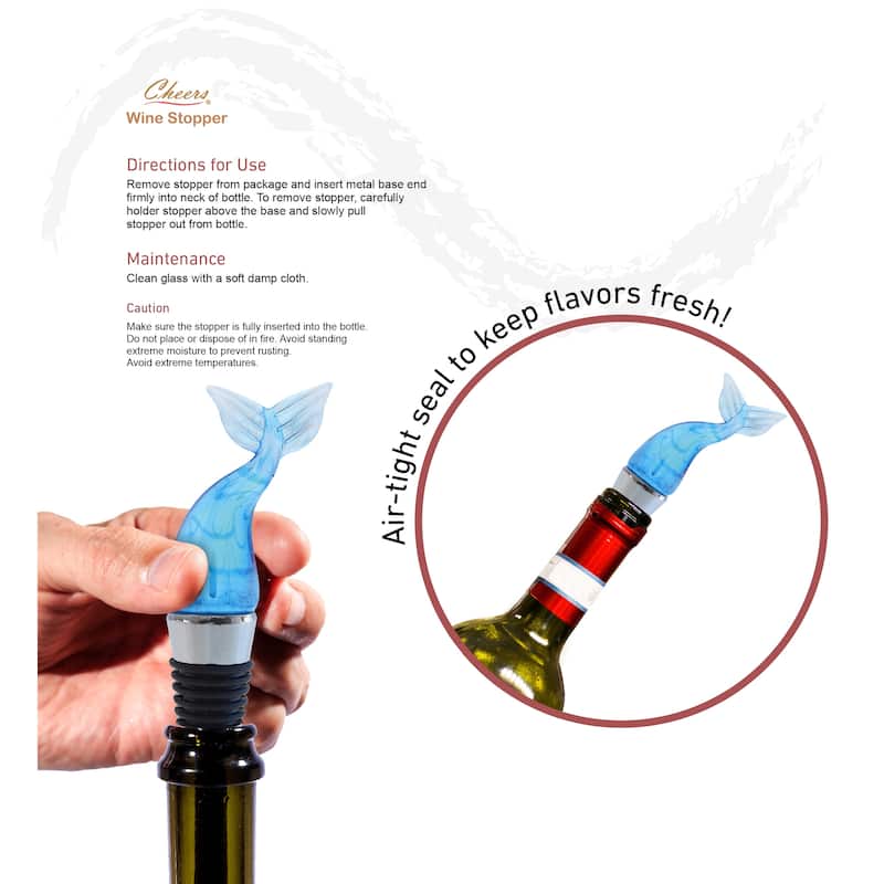 Cheers Mermaid Tail Glass Wine Stopper - Elegant Vacuum Seal Reusable - 5 inches