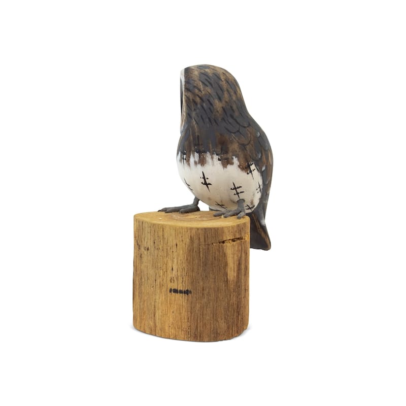 10" Wooden Hand Carved Barn Owl Standing on Log Statue Bird Figurine Sculpture Home Decor Accent Handcrafted Decoration Handmade