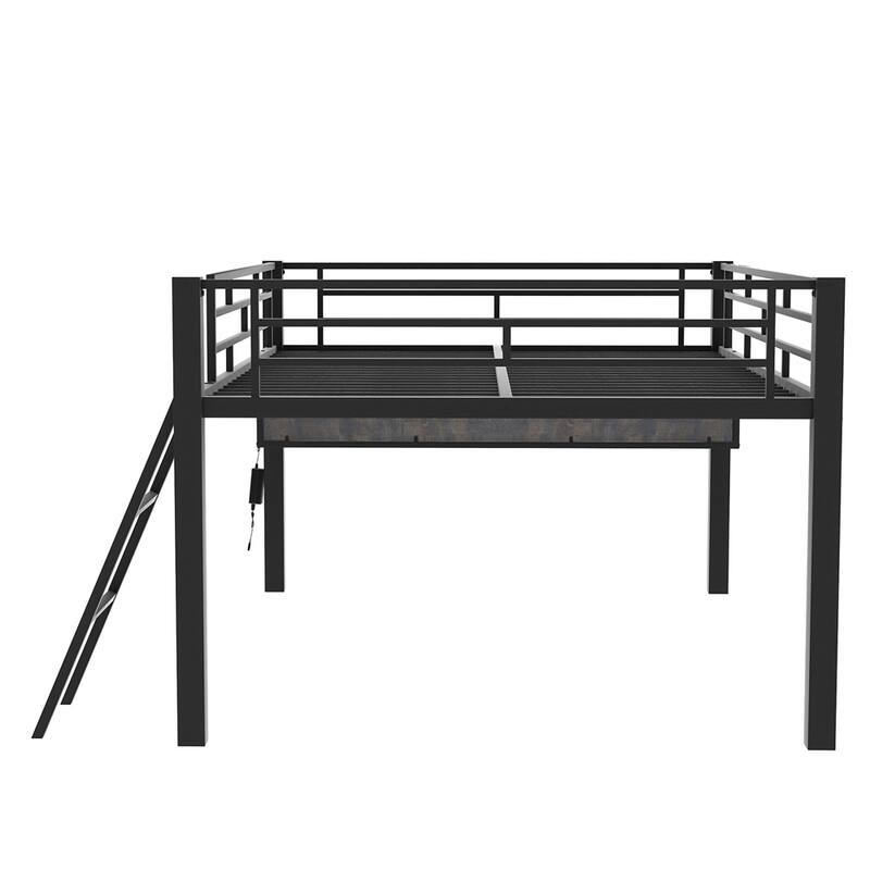 Full Size Gaming Mid Loft Bed with Desk, LED