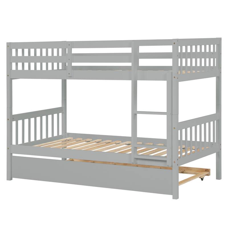 Convertible Twin Over Twin Bunk Bed with Trundle, Grey, Rubber Wood, Detachable into 2 Twin Beds