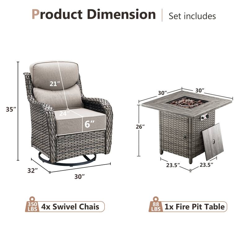 Pocassy Outdoor 6" Swivel Chairs with Fire Pit Table