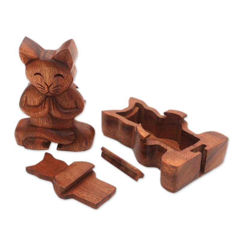 Novica Handmade Meditating Cat Wood Puzzle Box - 5" H x 3.5" W x 2.4" D
