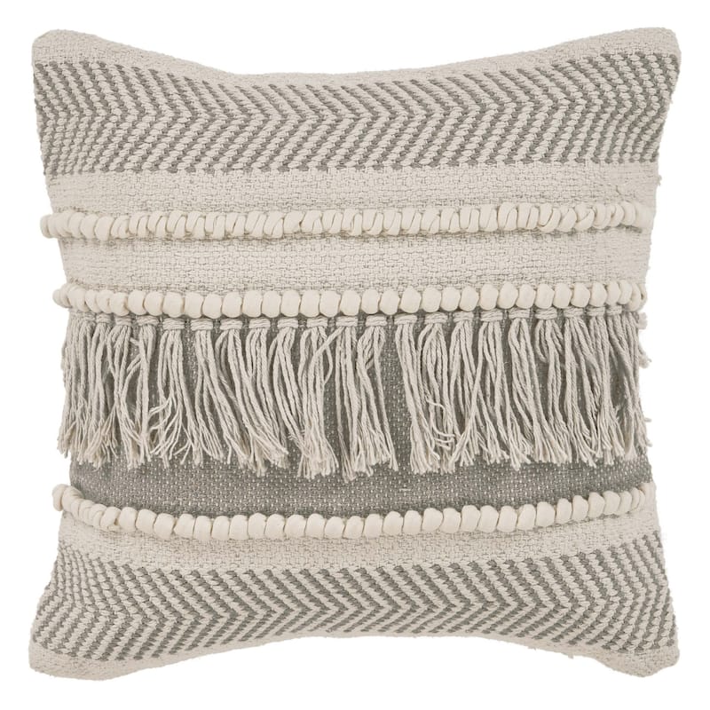 HomeRoots 20" X 20" Beige and Ivory Chevron Cotton Zippered Pillow With Fringe