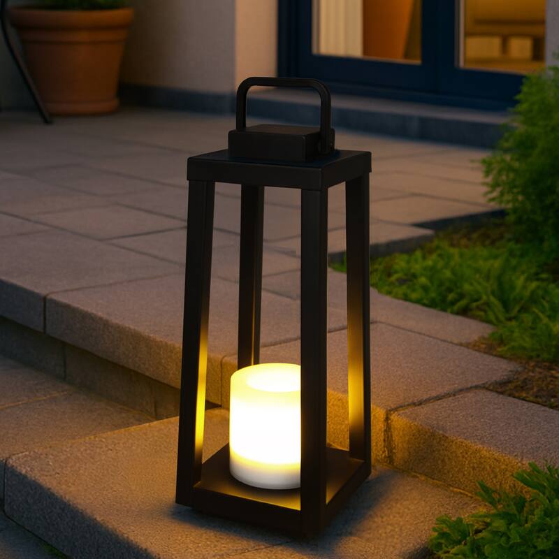 1 Light H16" Modern Matte Black Solar Lantern with Candle Shape Outdoor Light Decorative Portable Hanging LED Lights - W6'' - Matte Black
