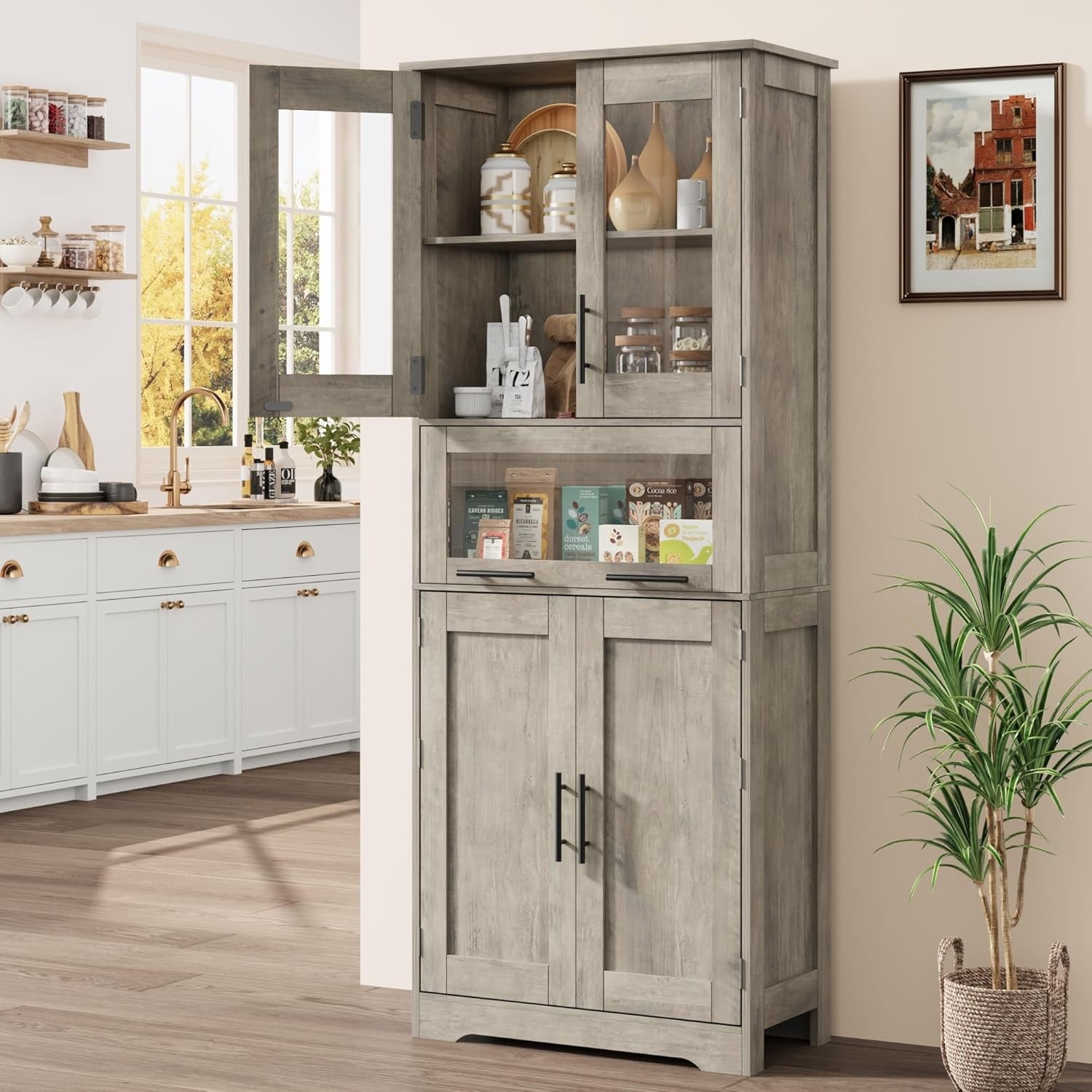 Tall Bathroom & Kitchen Pantry Cabinet with Glass Doors