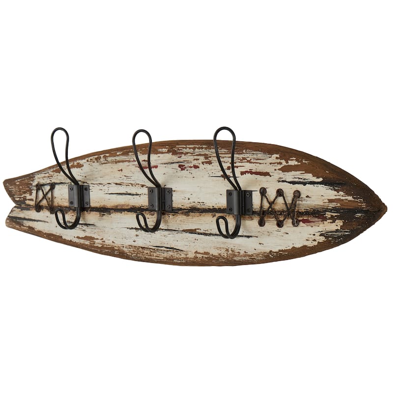 Wood Surfboard Handmade Distressed Fish Shaped 3 Hanger Wall Hook with Metal Accents - Brown - Roche River Decor