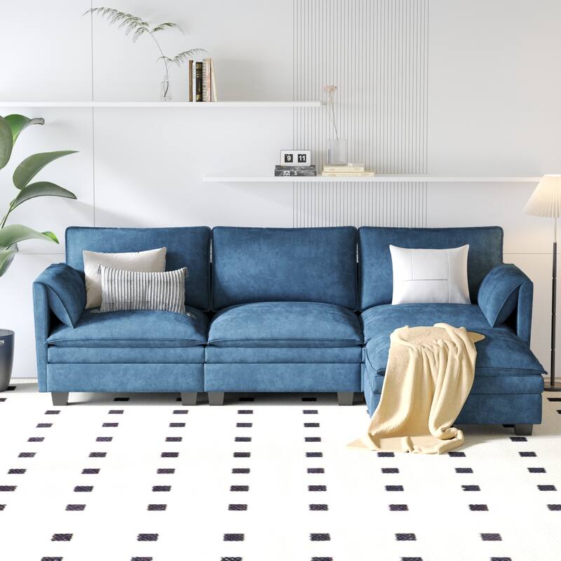 L-Shaped Sectional Sofa with Movable Ottoman, Fabric Upholstered 3 Seater Sofa, Deep Seat Sofa with Side Pockets