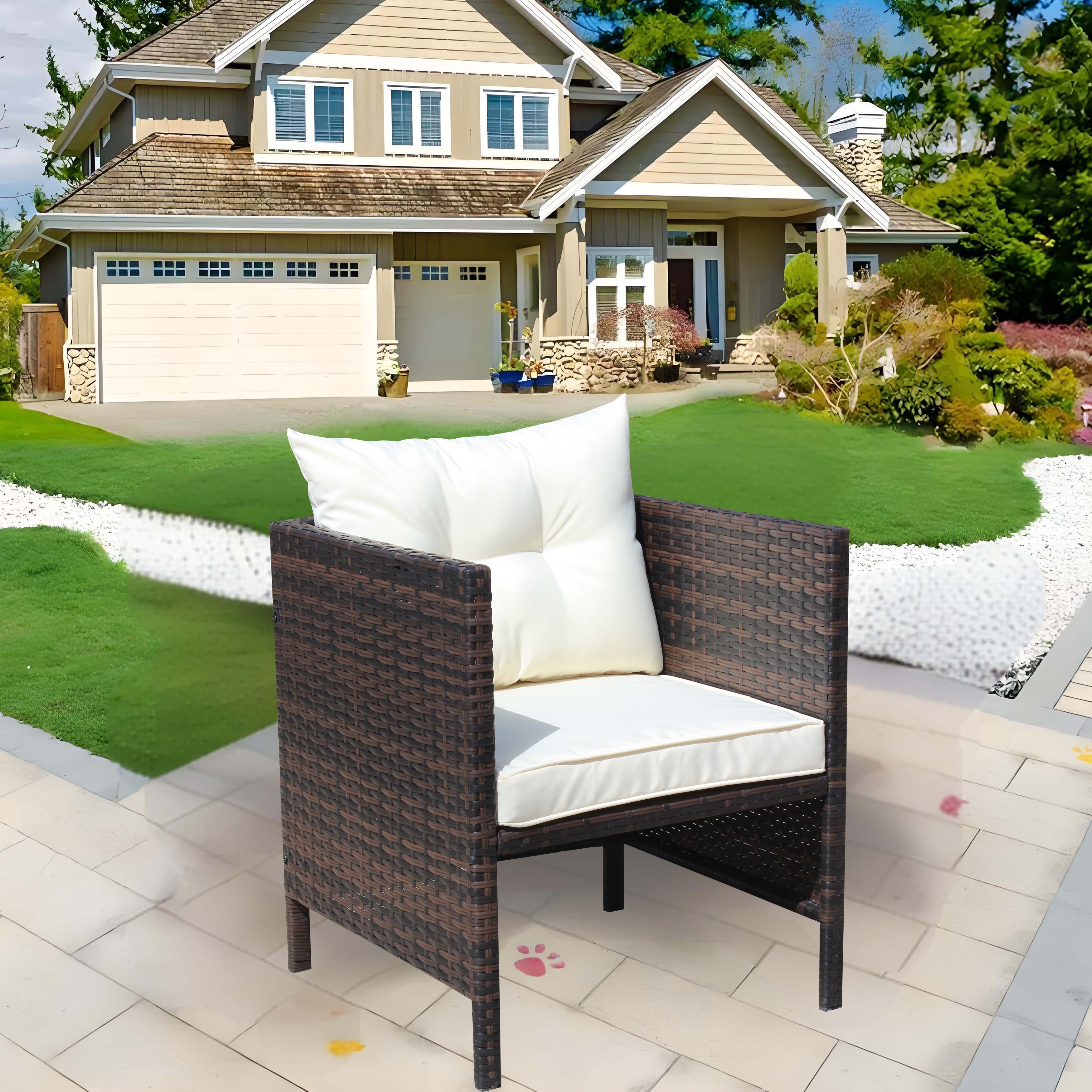 Outdoor Ergonomic Rattan Woven Patio Kitchen Dining Chair with Cushion, Backrest for Dining Room Garden Deck Living Room Porch