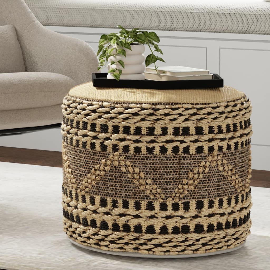 WYNDENHALL Magdalena Contemporary Round Woven Pouf in Natural, Black Jute