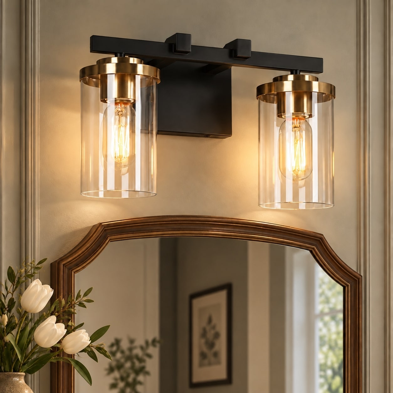 Modern Farmhouse 2-Light Black Gold Bathroom Vanity Light Glass Wall Lighting - 14" L x 6" W x 8" H