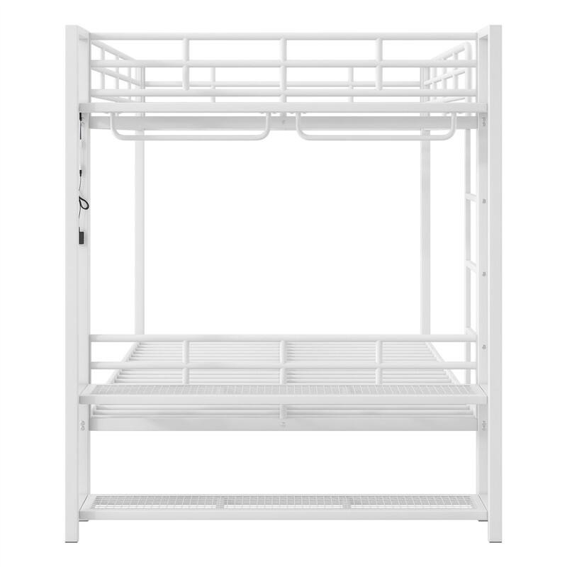 Full Over Full Size Bunk Bed with LED Light, Storage Mesh Shelves and Clothes Hooks, Metal Bunk Bed with Ladder and Guardrail
