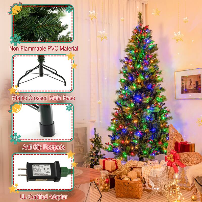 Gymax 7 FT Pre-Lit Artificial Christmas Tree w/ 974 Branch Tips & 400