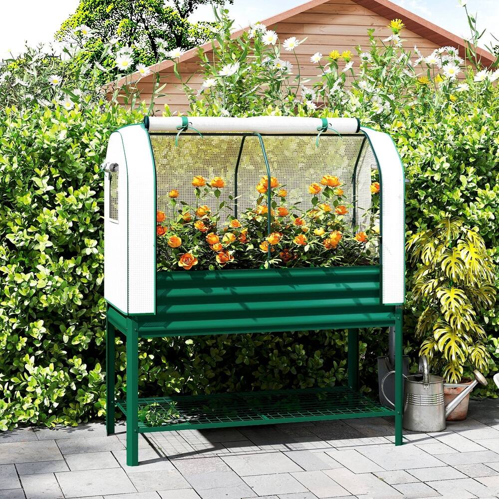 Outsunny Galvanised Raised Garden Bed with Greenhouse Cover, Metal Elevated Garden Bed with Legs, Bed Liner and Bottom Shelf