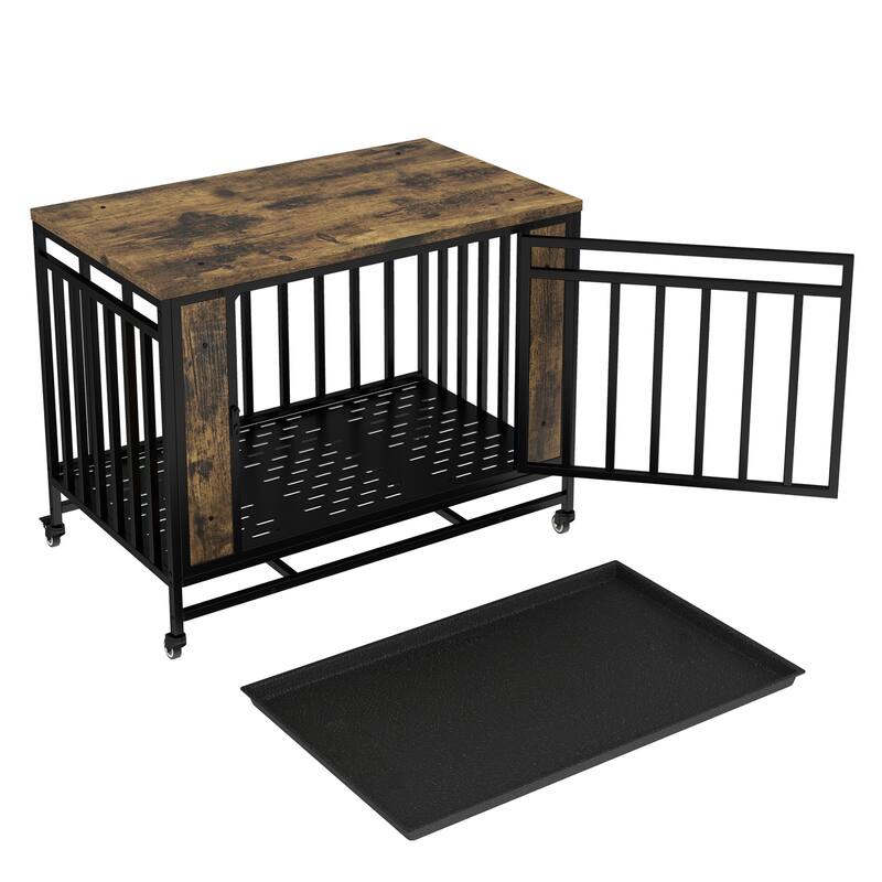 31.1" Wooden Dog House Dining Table with Iron Door and Removable Tray