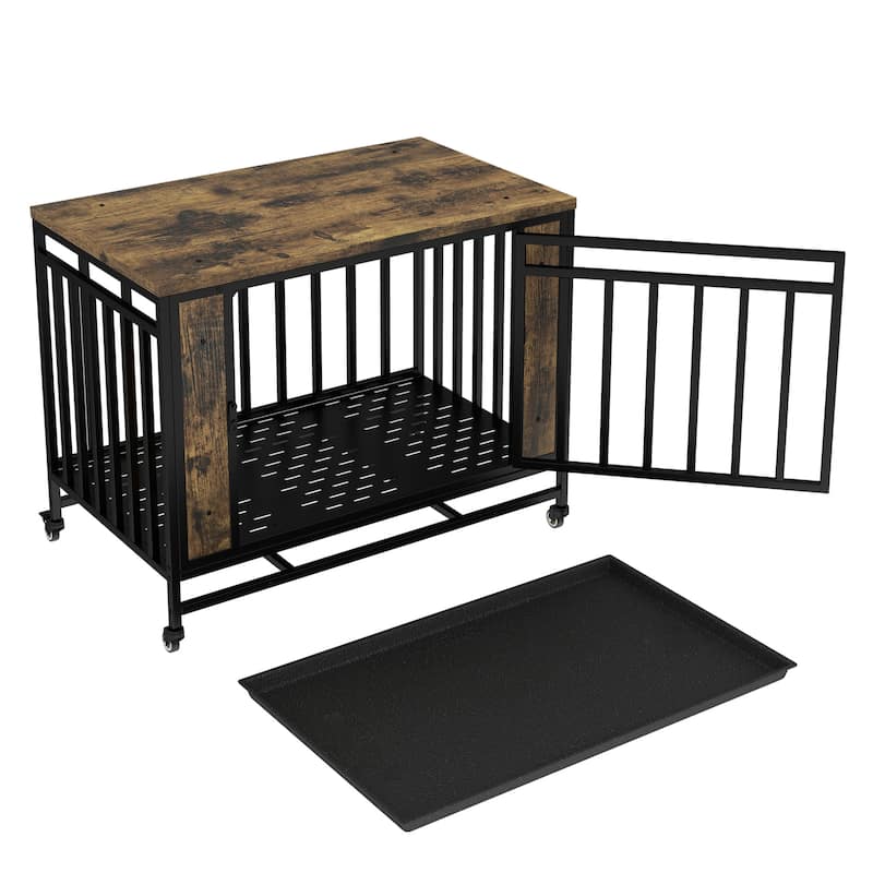 GDFStudio - Kary Wooden Dog Crate Furniture with Iron Door and Tray for Medium/Small Dogs