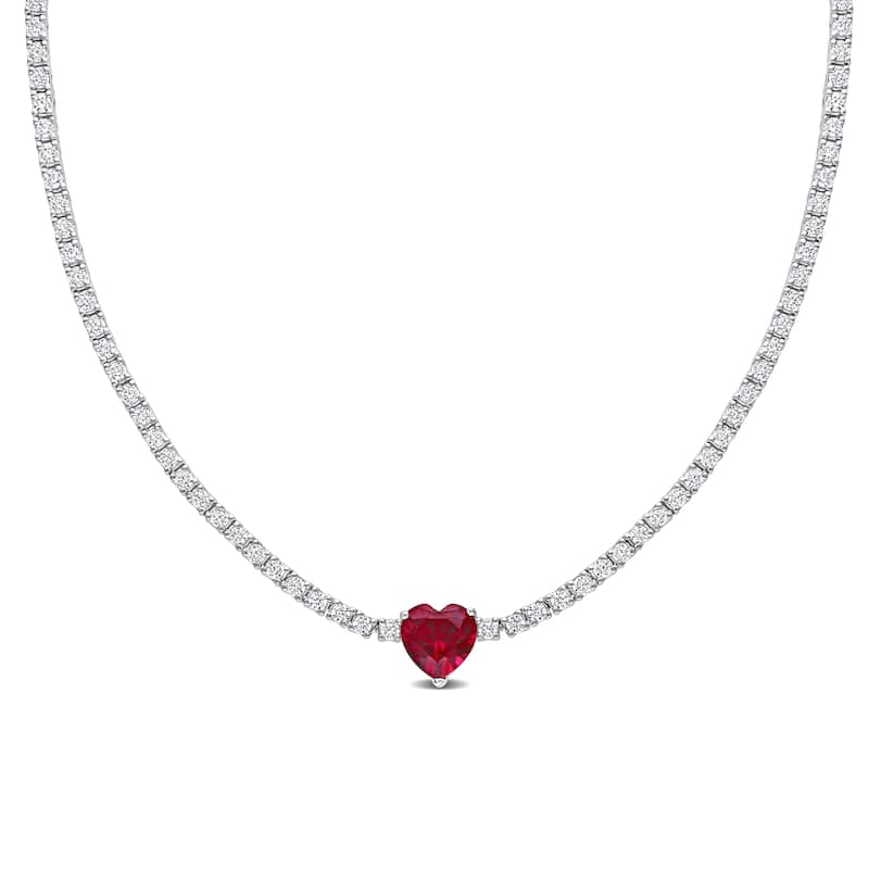 Miadora Created Ruby and Created White Sapphire Heart Necklace in Sterling Silver