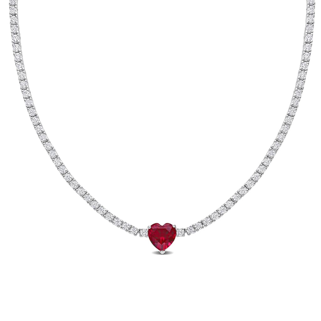 Miadora Created Ruby and Created White Sapphire Heart Necklace in Sterling Silver