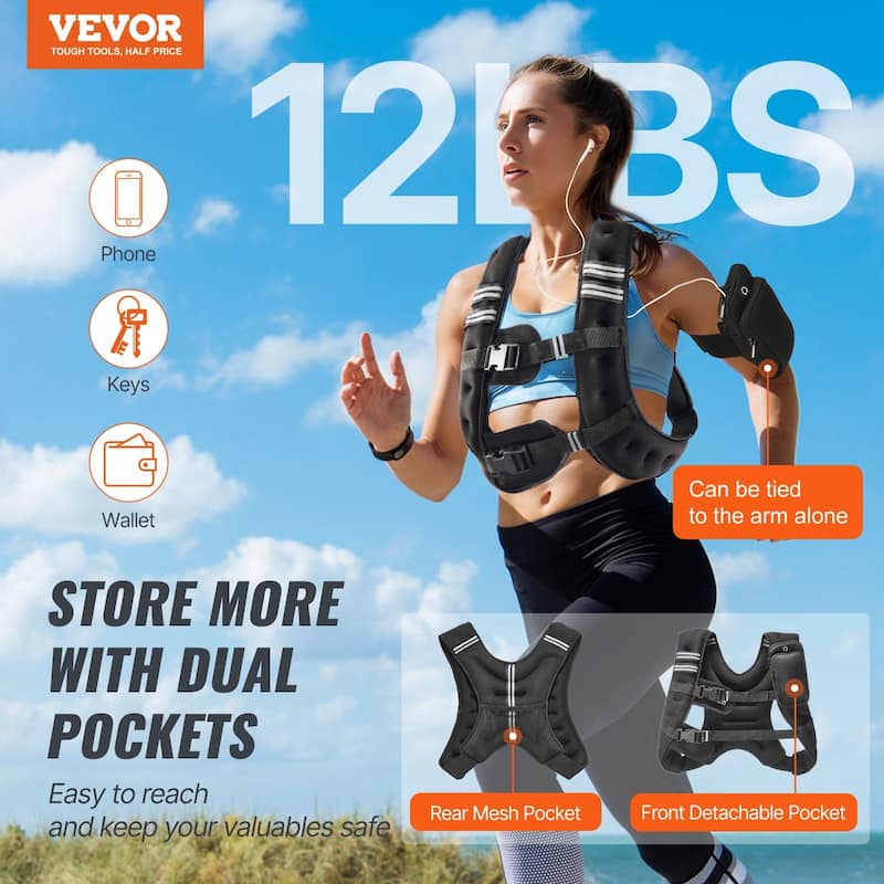 Black Neoprene Weighted Vest 30lbs with Pockets and Reflective Strips