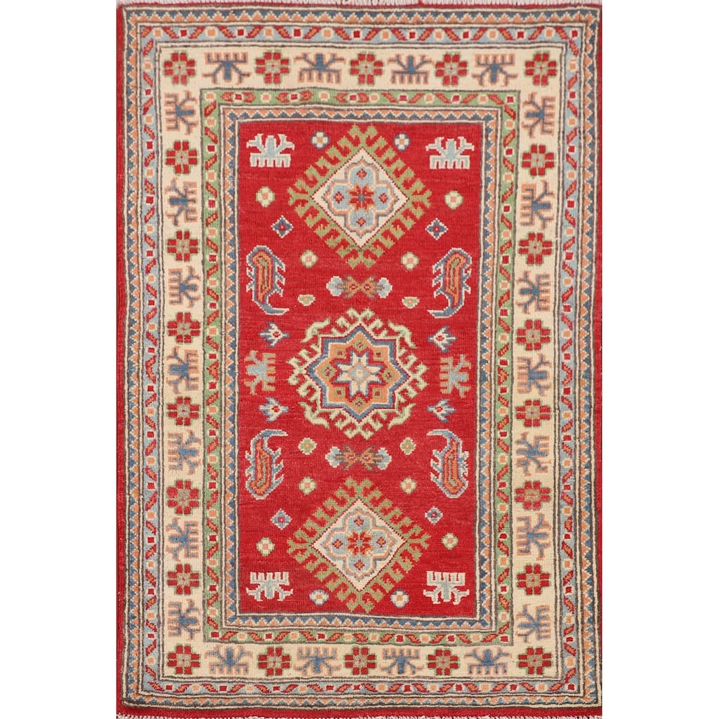 Red Kazak Foyer Rug Hand-Knotted Oriental Wool Carpet - 2'8" x 4'1"