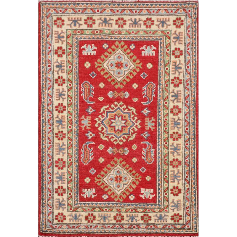 Red Kazak Foyer Rug Hand-Knotted Oriental Wool Carpet - 2'8" x 4'1"