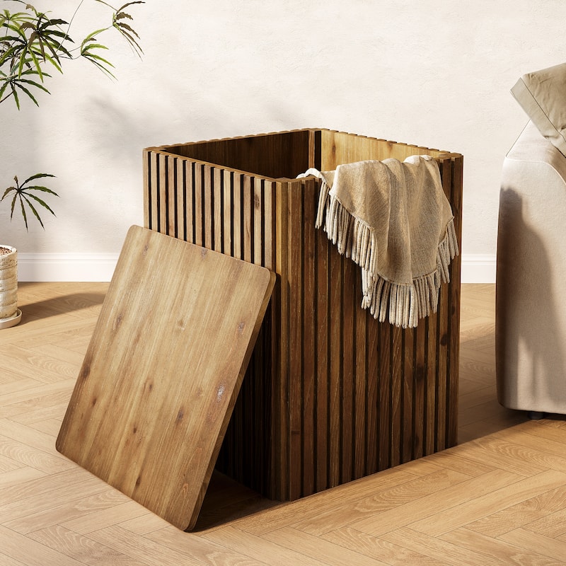 Solid Wood Fluted Side End Table with Storage and Removable Lid