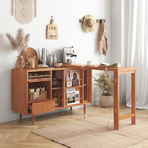 JASIWAY 2-in-1 Buffet Sideboard with Extendable Dining Table - Bed