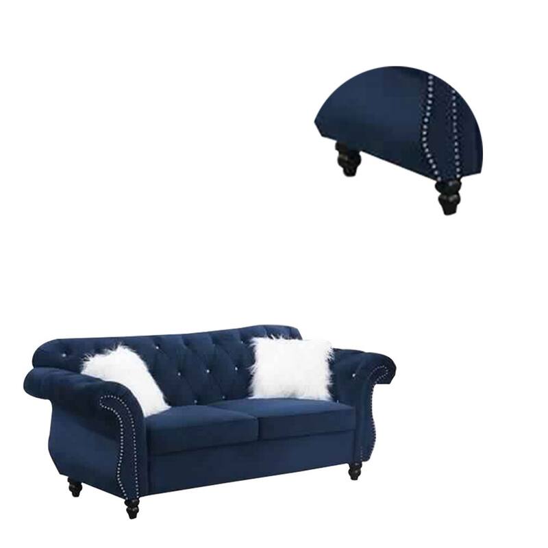 77 Inches Nailhead Trim Velvet Loveseat with Crystal Tufting, Blue