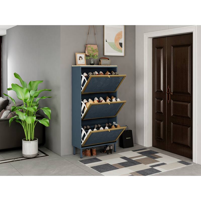 3 Metal Door Shoe Rack, Freestanding Modern Shoe Storage Cabinet, Metal rattan, for Entryway