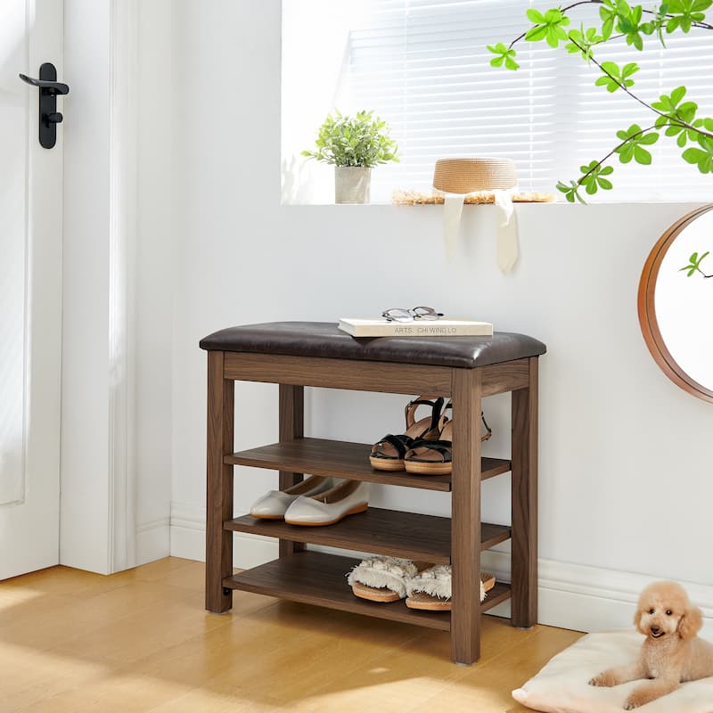 Height-Adjustable Shoe-Changing Bench With Comfortable Seat And Concealed Storage Space,Featuring Charcoal-Grained Wood