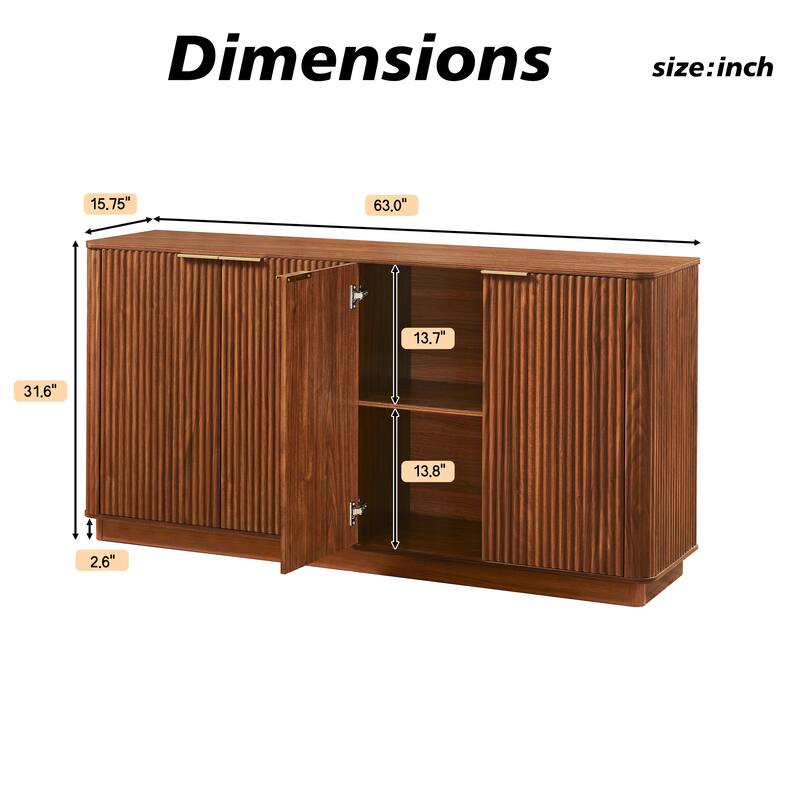 Anmytek Mid-Century Modern Sideboard with Fluted Detailing and Gold Handles in Walnut Finish