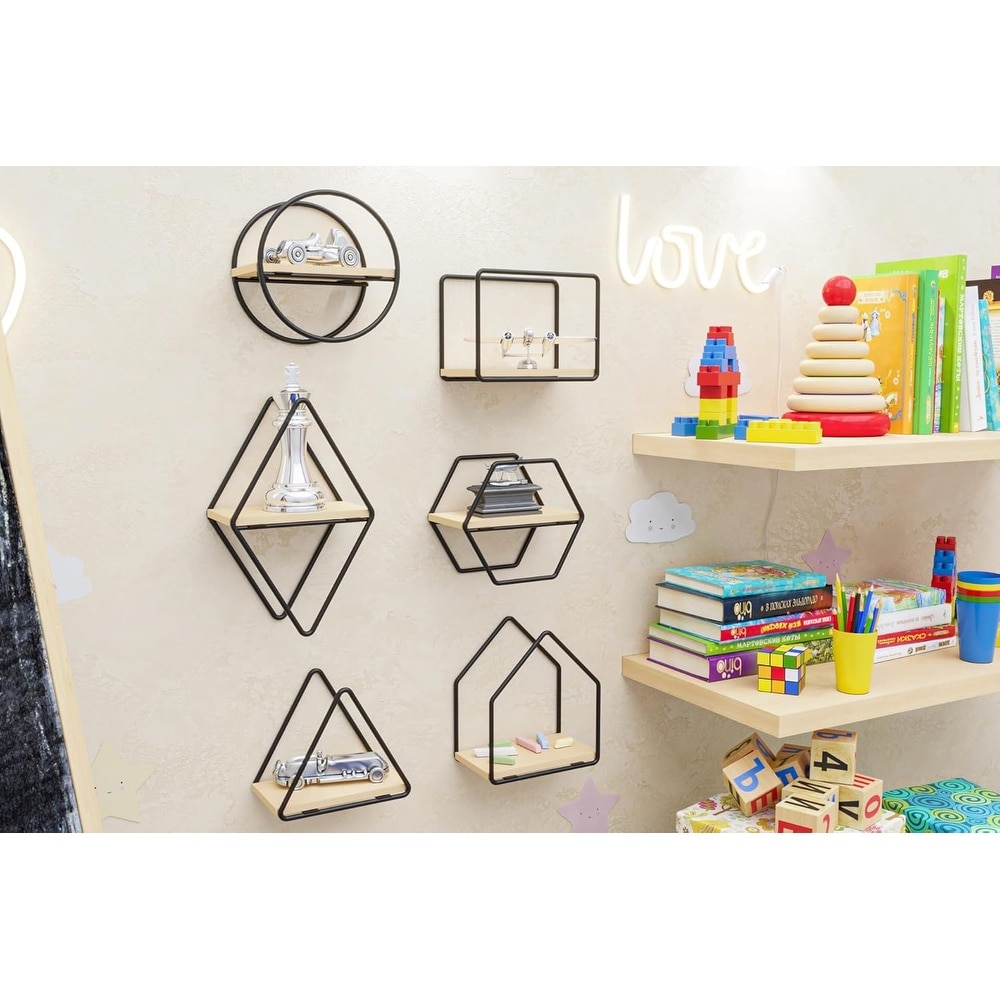 Set of 6 Geometric Wall Shelves - Floating Wooden Wall Decor