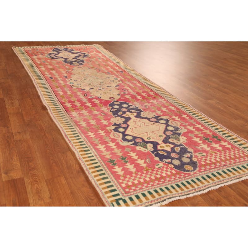 Hand Knotted Oriental 100% Wool Carpet Traditional Geometric Pink Tabriz Runner Rug - 9' 7'' X 3' 3''
