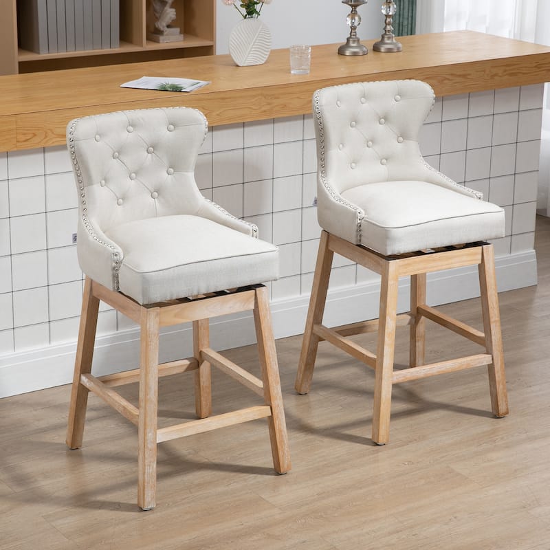 HOMCOM Upholstered Fabric Bar Height Bar Stools Set of 2, 180° Swivel Nailhead-Trim Pub Chairs, 30" Seat Height with Rubber Wood